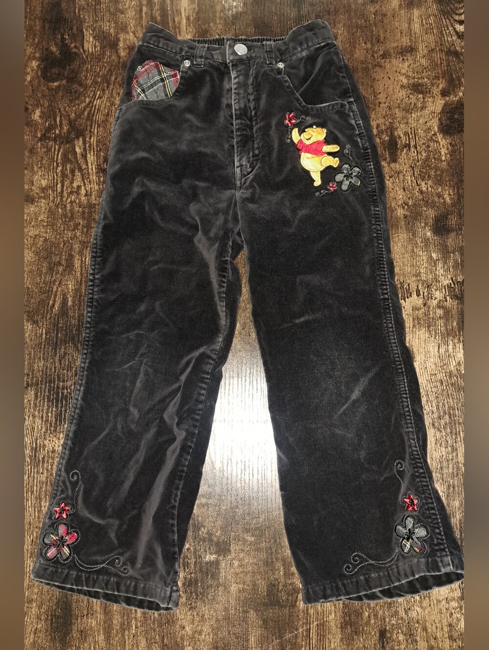 Vintage Disney Winnie The Pooh Velvet Embroidered Pants Black